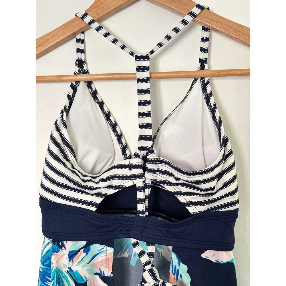 Carve Designs Dahlia‎ Tankini Womens Small Navy Floral Striped T-Back Top